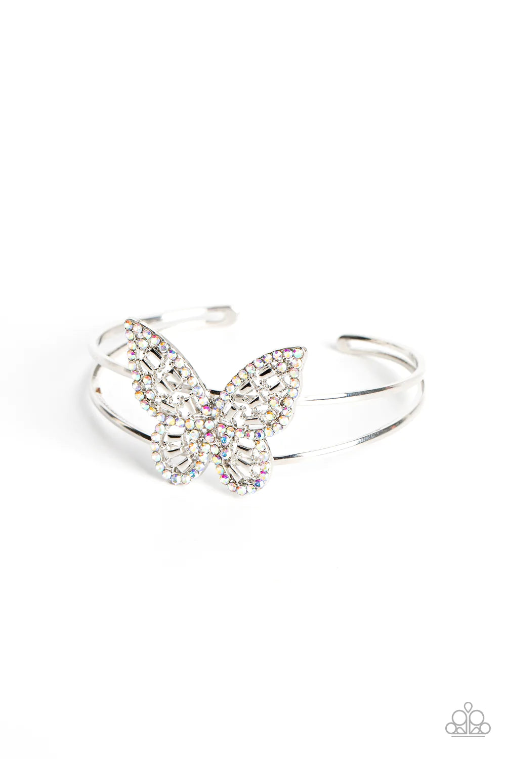 Paparazzi Accessories Butterfly Bella - Multi Bordered in iridescent rhinestones, an airy silver butterfly is dotted in dainty iridescent rhinestones and shiny silver emerald-like accents as it flutters atop a layered silver cuff for an enchanting fashion
