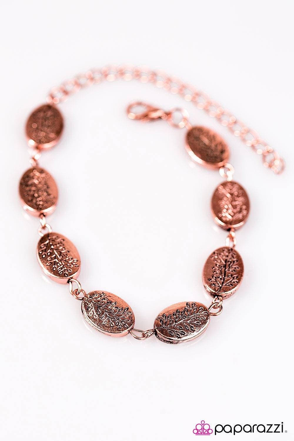 Paparazzi Accessories Timber Timbre - Copper Stamped in a whimsical tree pattern, glistening copper beading links around the wrist in a gorgeous tone on tone fashion. Features an adjustable clasp closure. Jewelry
