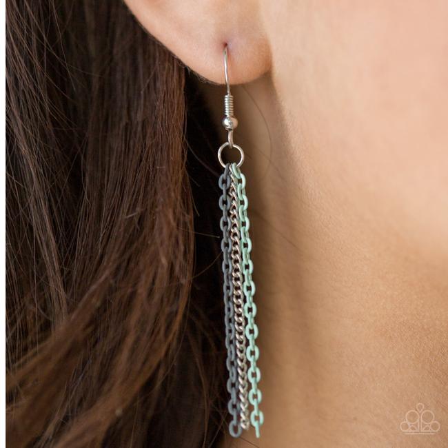 Paparazzi Accessories Radical Rainbows - Multi Mismatched silver chains alternate with dainty blue chains down the chest, creating a colorful industrial look. Features an adjustable clasp closure.Sold as one individual necklace. Includes one pair of match