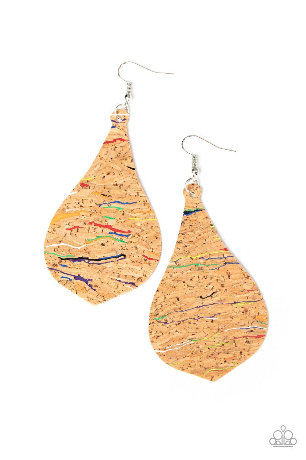 Paparazzi Accessories Cork Coast - Multi Streaked in colorful multicolored accents, a teardrop cork frame swings from the ear for a trendy vibe. Earring attaches to a standard fishhook fitting. Sold as one pair of earrings. Jewelry