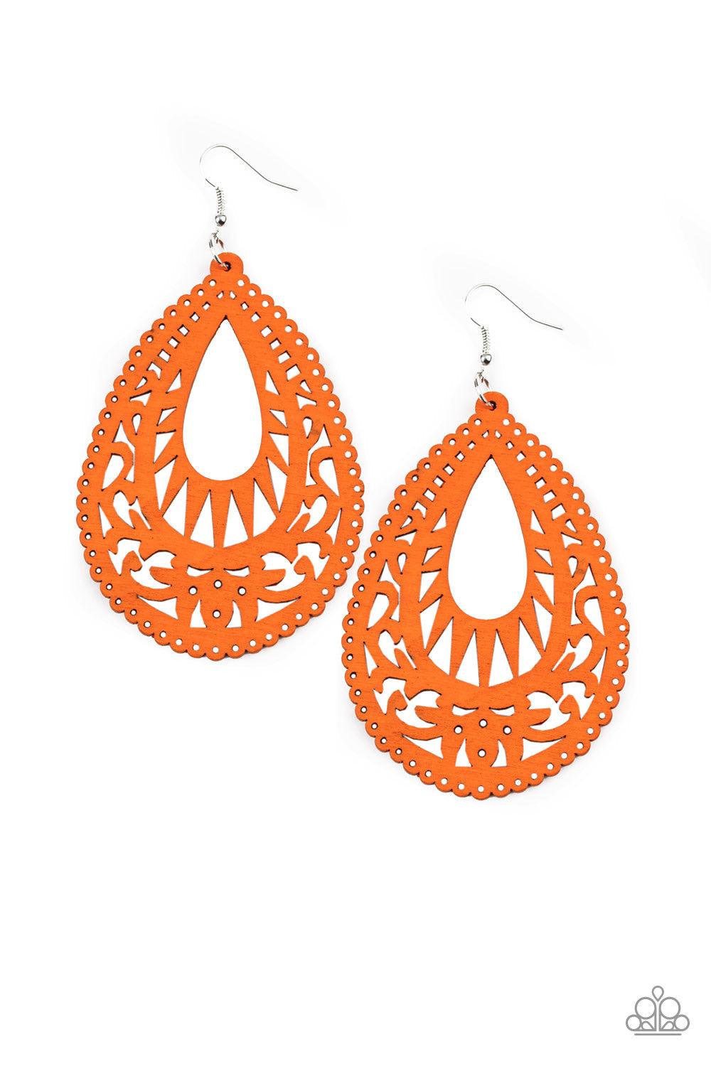Paparazzi Accessories Zesty Zen - Orange Painted in a vivacious orange finish, an airy wooden frame swirling with filigree detail swings from the ear for a seasonal look. Earring attaches to a standard fishhook fitting. Jewelry