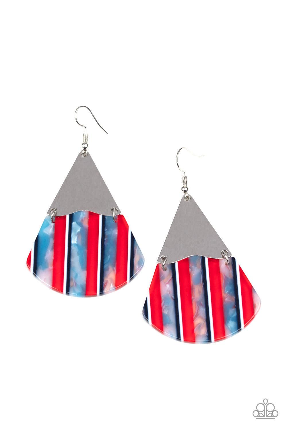 Paparazzi Accessories Social Animal - Red Streaked in sections of iridescent shell and red, white, and blue stripes, a wavy acrylic frame links to the bottom of a delicately hammered silver triangular plate, creating a colorful lure. Earring attaches to a