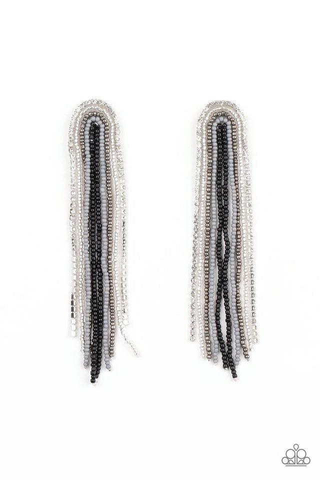 Paparazzi Accessories Let There BEAD Light - Black Mismatched strands of black, silver, gray, clear, and gunmetal seed beads and a glittery strand of white rhinestones delicately curls into a beaded rainbow-like tassel. Earring attaches to a standard post