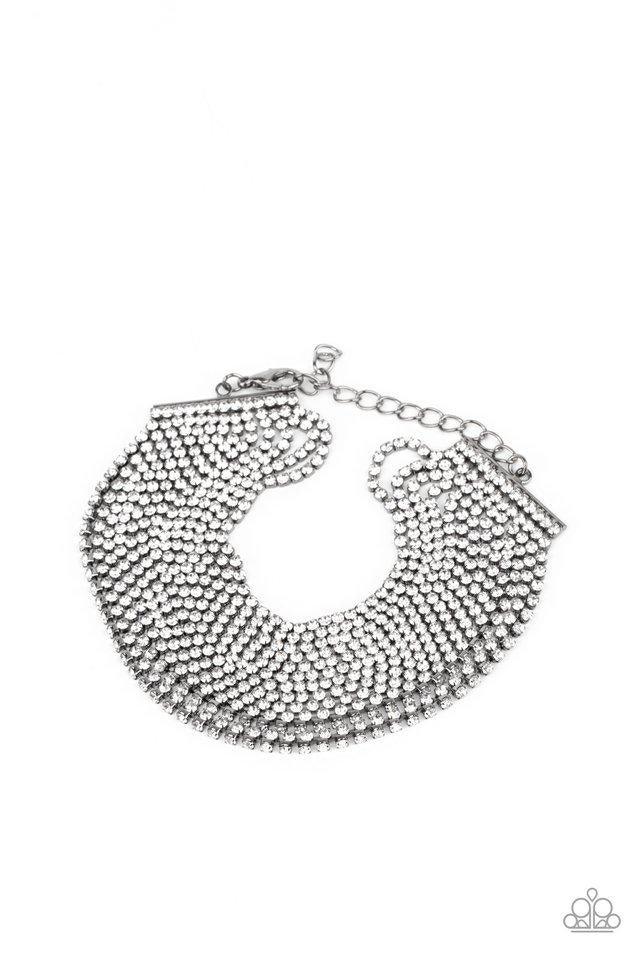 Paparazzi Accessories I Woke Up Like This - Black Strung between two gunmetal fittings, sparkly strand after sparkly strand of glittery white rhinestones layer around the wrist, creating a glamorous statement piece. Features an adjustable clasp closure. J