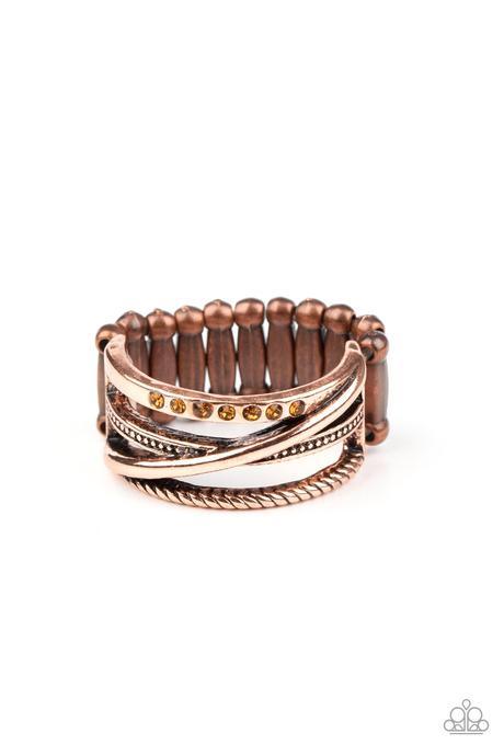 Paparazzi Accessories Stay in Your Lane - Copper Dotted with a dainty section of glittery topaz rhinestones, mismatched smooth and textured copper bars haphazardly layer across the finger for an edgy look. Features a stretchy band for a flexible fit. Sold