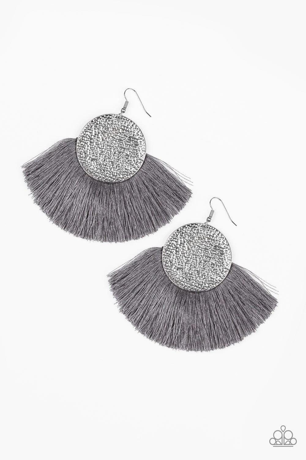 Paparazzi Accessories Foxtrot Fringe - Silver A fan of shiny gray thread flares out from the bottom of a hammered silver disc, creating a foxy fringe. Earring attaches to a standard fishhook fitting. Sold as one pair of earrings. Jewelry