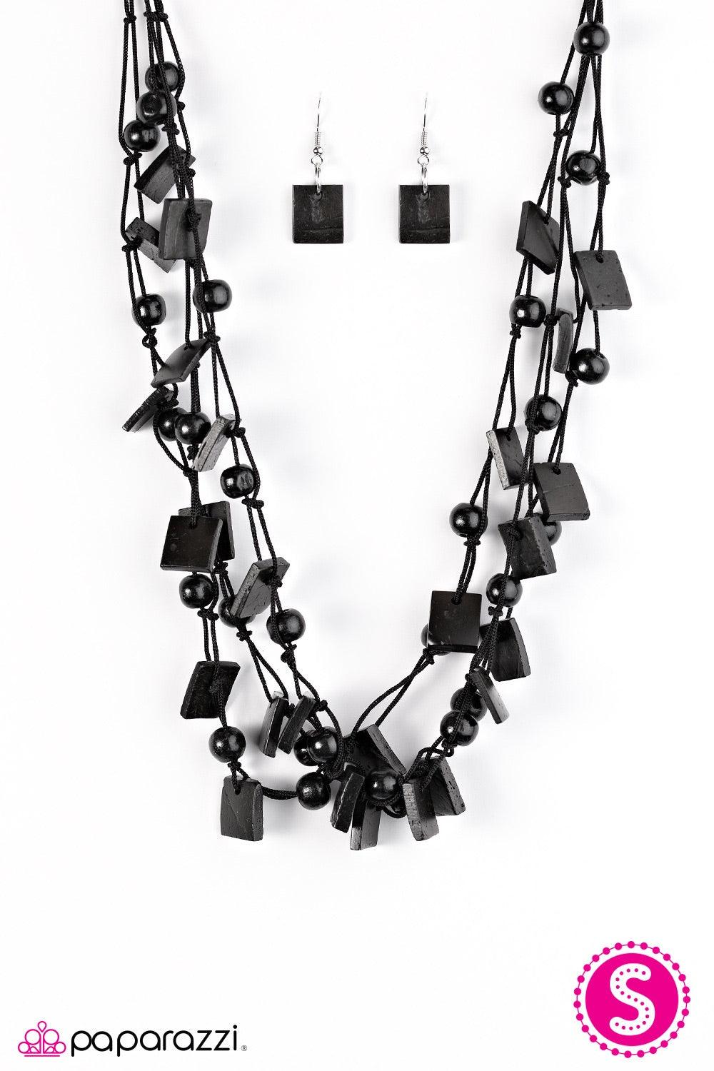 Paparazzi Accessories Me, Myself, and ISLAND - Black Brushed in a neutral black finish, bits of square wooden accents join earthy wooden beads, creating a colorfully layered look below the collar. Features a button loop closure. Jewelry