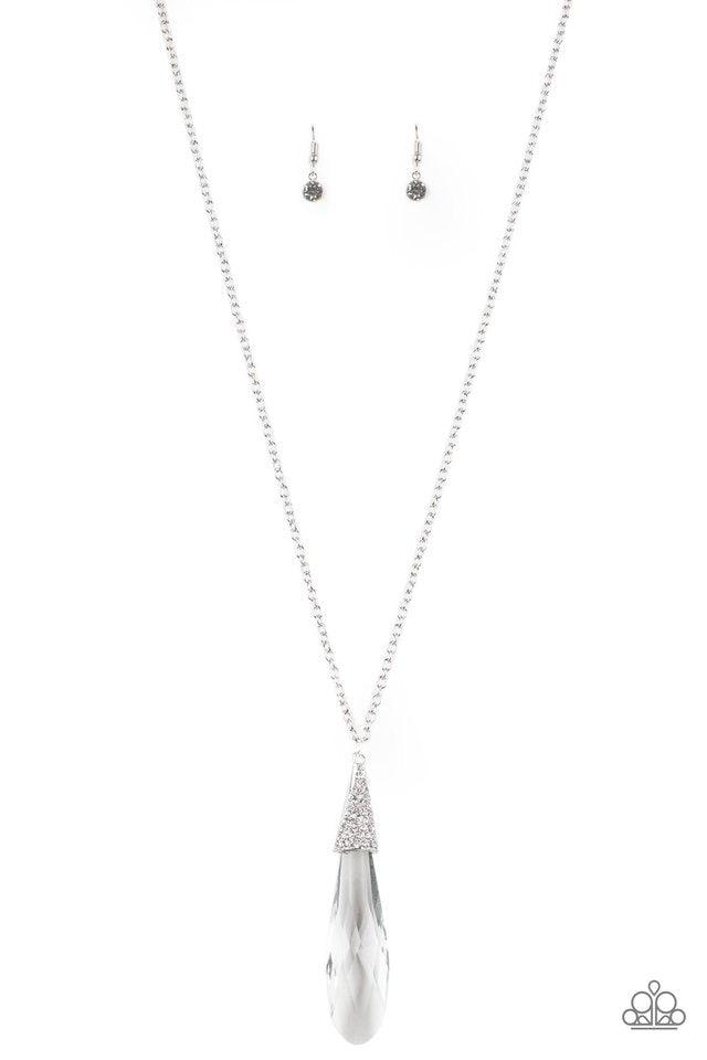 Paparazzi Accessories Jaw-Droppingly Jealous - White Capped in a silver frame radiating with glittery white rhinestones, a glassy teardrop pendant swings from the bottom of a lengthened silver chain for a jaw-dropping look. Features an adjustable clasp cl