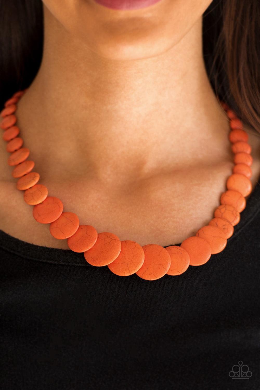 Paparazzi Accessories Desert Flats - Orange Gradually increasing in size, smooth, flat orange stones subtly overlap as they stack below the collar for a refreshing artisanal look. Features an adjustable clasp closure. Jewelry