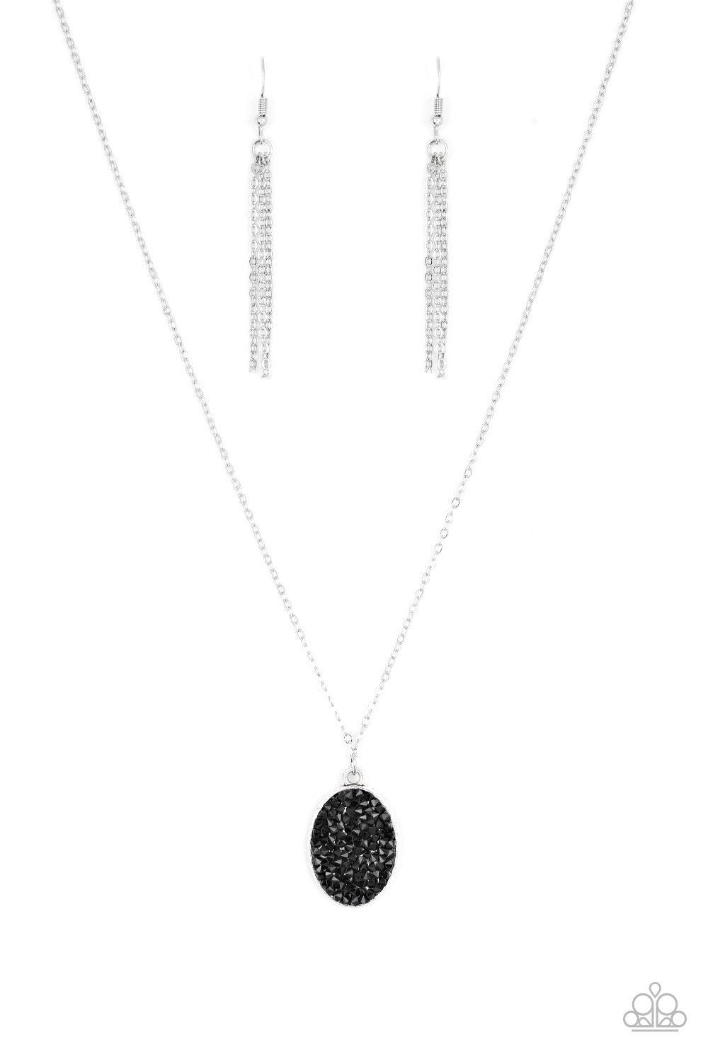 Paparazzi Accessories Star-Crossed Stargazer - Black Glittery black rhinestones are sprinkled along an oval silver frame, creating a stellar pendant below the collar. Features an adjustable clasp closure. Jewelry