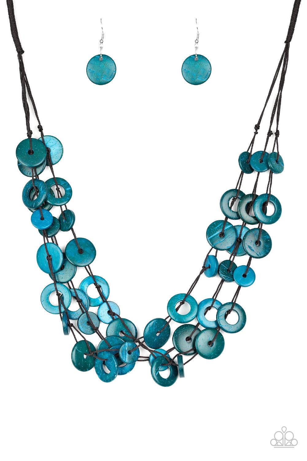 Paparazzi Accessories Wonderfully Walla Walla - Blue Shiny brown cording knots around mismatched blue wooden beads, creating vivacious layers. Features a button loop closure. Jewelry