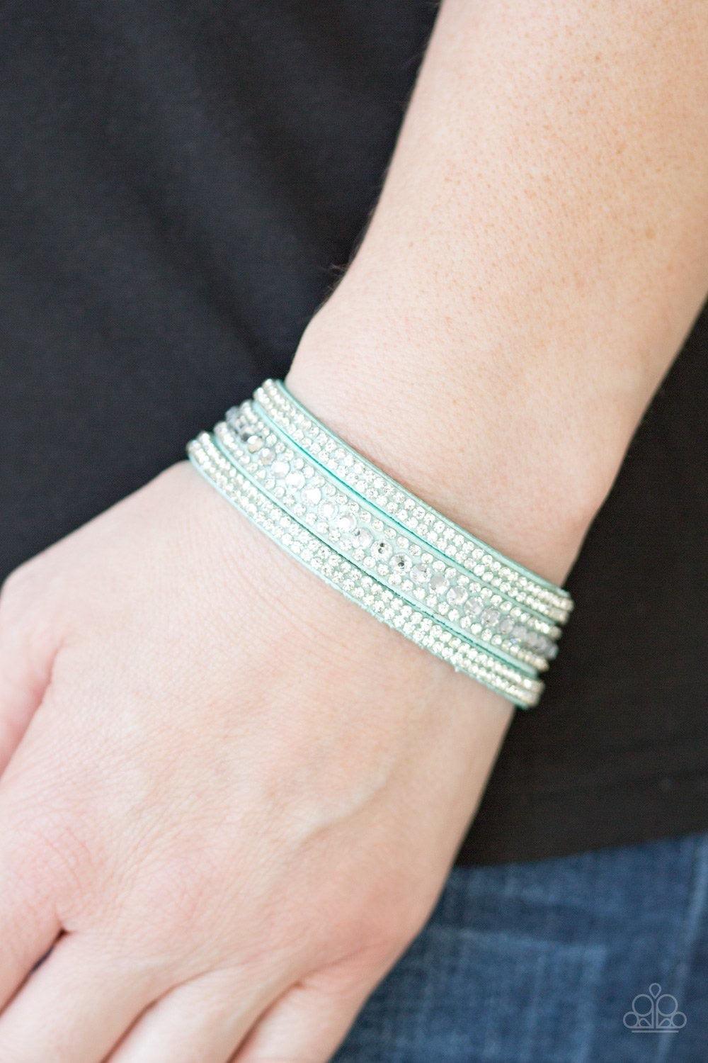 Paparazzi Accessories Harlem Hustle - Green Varying in size, glittery white rhinestones are encrusted along a Spearmint suede band that has been spliced into three glittery strands. Features an adjustable snap closure. Jewelry