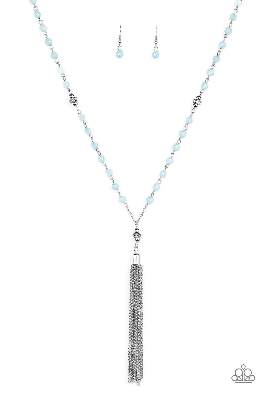 Paparazzi Accessories Tassel Takeover - Blue Blue opaque crystal-like beads, shiny silver beads, and white rhinestone encrusted rings give way to a shimmery silver tassel for a whimsical look. Features an adjustable clasp closure. Sold as one individual n