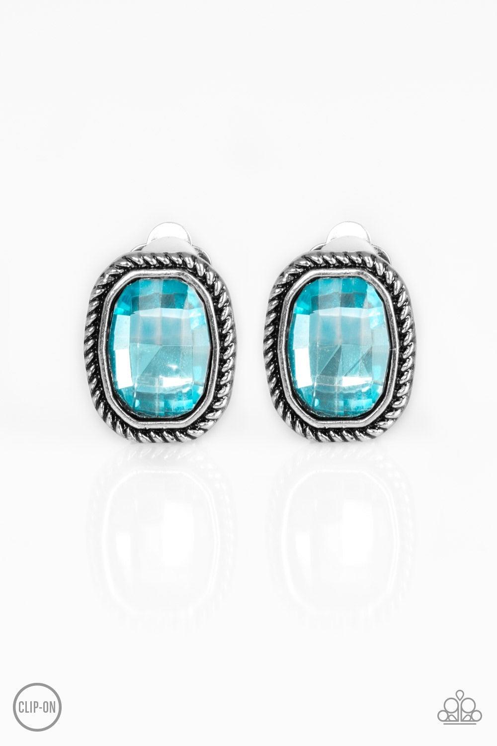 Paparazzi Accessories Beam Dream - Blue *Clip-On Faceted blue gems are pressed into textured silver frames for a refined look. Earring attaches to a standard clip-on fitting. Jewelry