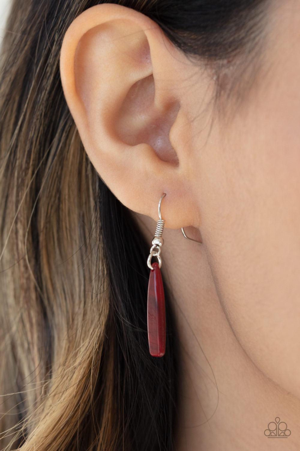 Paparazzi Accessories Out of My Element - Red Flanked by dainty silver beads, smoky red rod-like acrylic frames are threaded along an invisible wire, creating a colorful fringe below the collar. Features an adjustable clasp closure. Sold as one individual