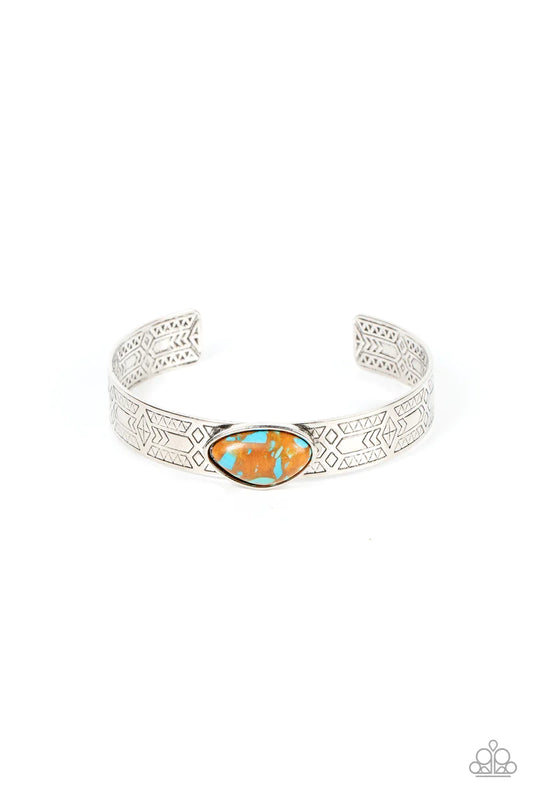 Paparazzi Accessories Gobi Glyphs - Brown Featuring a terrazzo finish, an asymmetrical brown stone is pressed into a silver cuff embossed in geometric texture for an artisanal finish. Sold as one individual bracelet. Jewelry