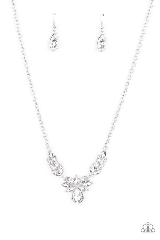 Paparazzi Accessories I Need Some HEIR - White Dotted with marquise style white rhinestones, leafy silver frames delicately connect into a vintage inspired pendant below the collar. An oversized white teardrop crowns the glittery centerpiece for an eye-ca