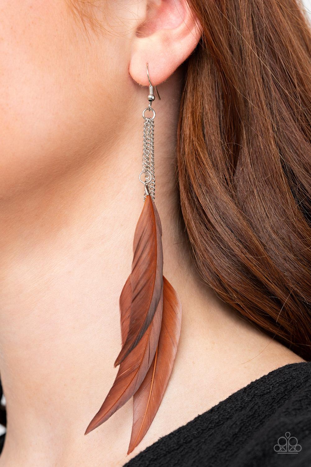 Paparazzi Accessories West Side Western ~Brown Attached to dainty silver chains, a whimsical collection of brown feathers cascade from the ear for an earthy flair. Earring attaches to a standard fishhook fitting. Sold as one pair of earrings. Jewelry
