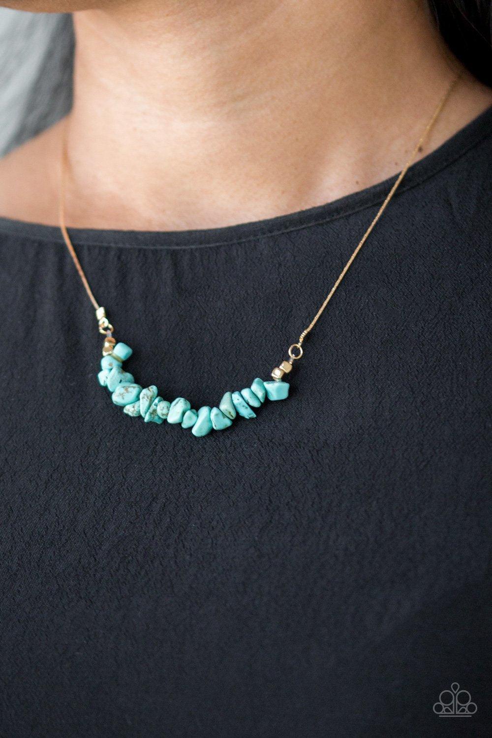 Paparazzi Accessories Back To Nature - Blue Attached to a dainty gold chain, bits of refreshing turquoise rock are threaded along an invisible wire below the collar for a seasonal look. Features an adjustable clasp closure. Sold as one individual necklace