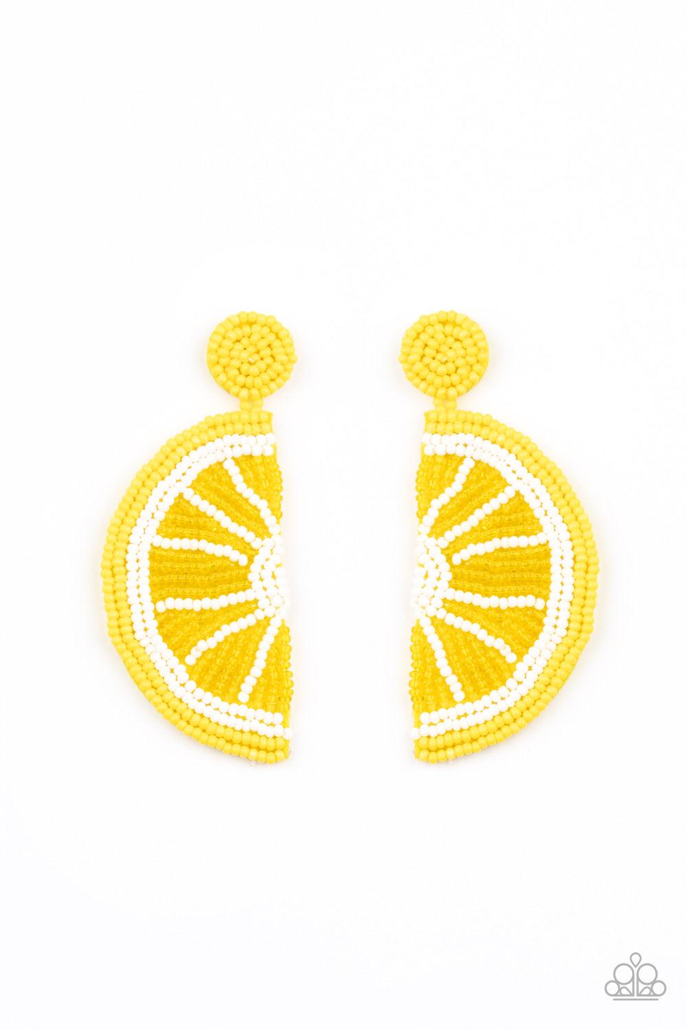 Paparazzi Accessories When Life Gives You Lemons ~Yellow Dainty yellow, white, and crystal-like yellow beads adorn the front of a felt yellow frame, creating a juicy lemon slice. Earring attaches to a standard post fitting.