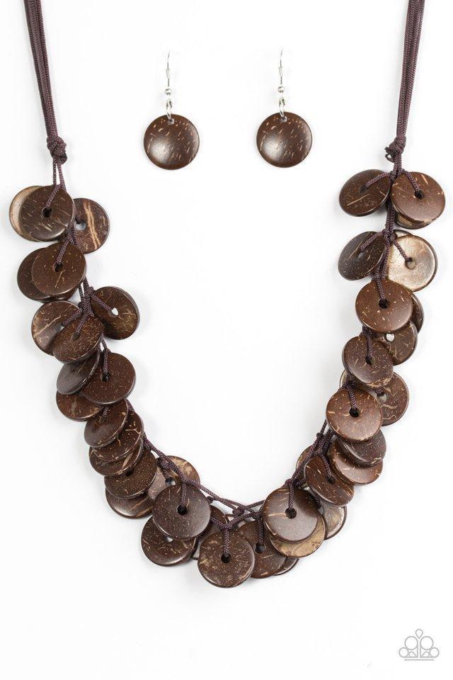 Paparazzi Accessories Jammin in Jamaica - Brown Shiny wooden discs brushed in a brown finish trickle along shiny brown cording, creating clustered layers below the collar. Features a button-loop closure. Sold as one individual necklace. Includes one pair