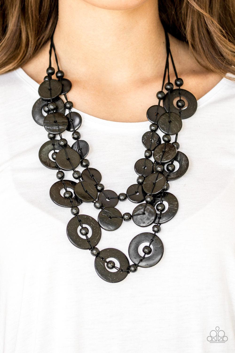 Paparazzi Accessories Catalina Coastin - Black Varying in size, three stacks of glittery white rhinestones fan out from an airy center, coalescing into a stellar frame. Earring attaches to a standard post fitting. Jewelry
