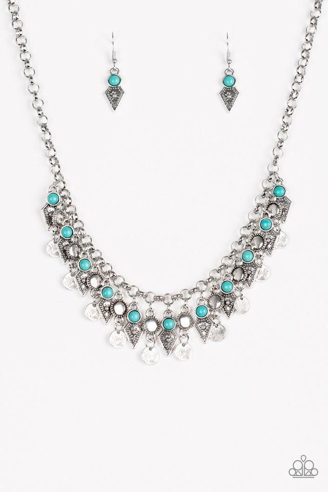 Paparazzi Accessories Jurassic Jamboree - Blue Featuring studded detail and refreshing turquoise stone accents, mismatched silver frames swing from the bottom of a bold silver chain, creating a flirty fringe below the collar. Features an adjustable clasp