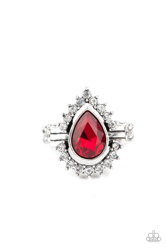Paparazzi Accessories Make Your Trademark - Red A ring of glittery white rhinestones fans out from a dramatically oversized red teardrop rhinestone center, creating the illusion of a floating centerpiece. Features a stretchy band for a flexible fit. Jewel