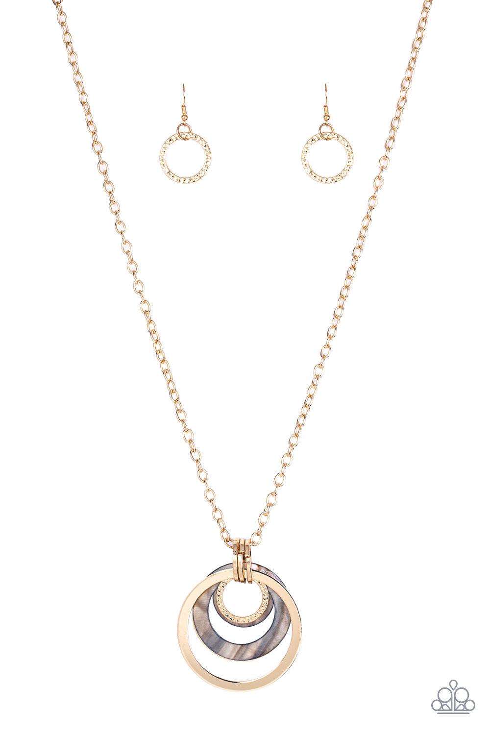 Paparazzi Accessories Coast Coasting - Gold Brushed in an iridescent finish, shell-like hoops join mismatched gold hoops at the bottom of an elongated gold chain for a whimsical look. Features an adjustable clasp closure. Jewelry