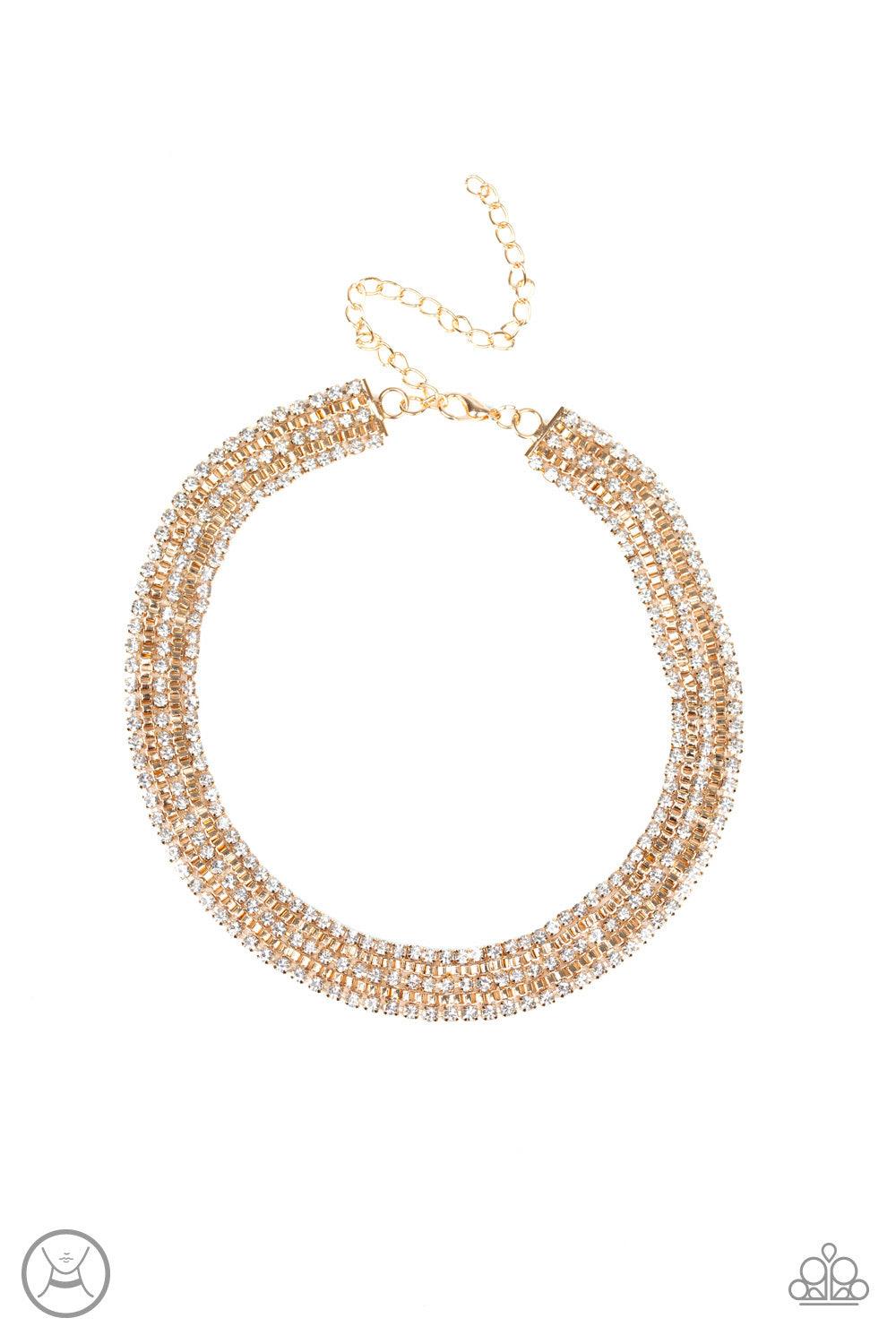 Paparazzi Accessories Full REIGN - Gold Featuring sleek square fittings, strands of glittery white rhinestones connect with rows of gold box chain around the neck for a glittery twist. Features an adjustable clasp closure. Jewelry