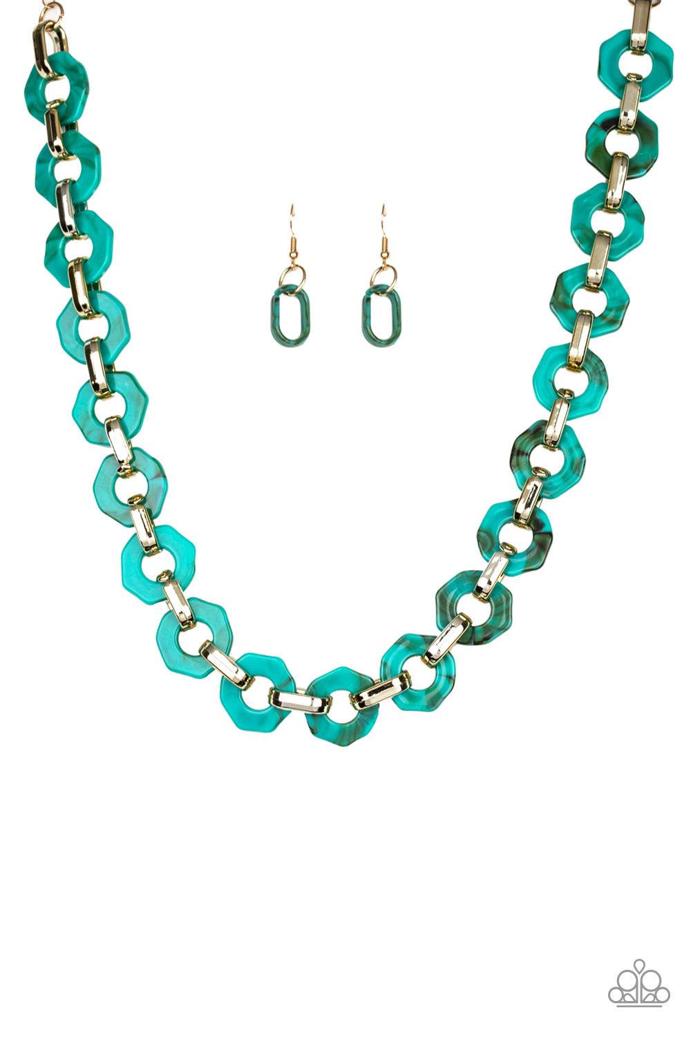 Paparazzi Accessories Fashionista Fever ~Blue Glistening gold fittings link with blue hexagon-like acrylic frames below the collar for a seasonal flair. Features an adjustable clasp closure.