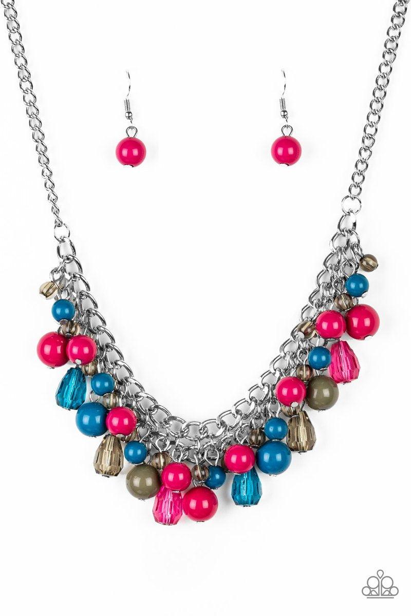 Paparazzi Accessories Tour de Trendsetter - Multi Varying in shape, glassy and polished blue, green, and pink beads swing from the bottom of interlocking silver chains. Crystal-like teardrops are sprinkled along the colorful beading, creating a flirtatiou