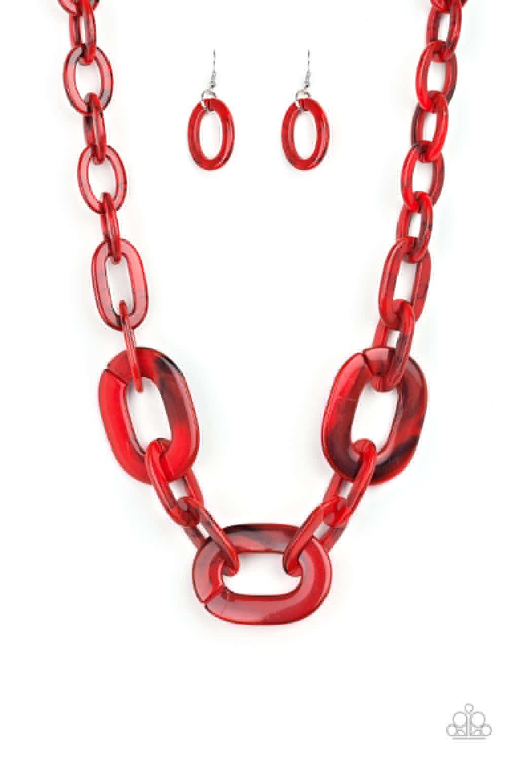 Paparazzi Accessories All In-VINCIBLE - Red Brushed in a faux-marble finish, bold red links connect below the collar for a statement making look. Features an adjustable clasp closure. Jewelry