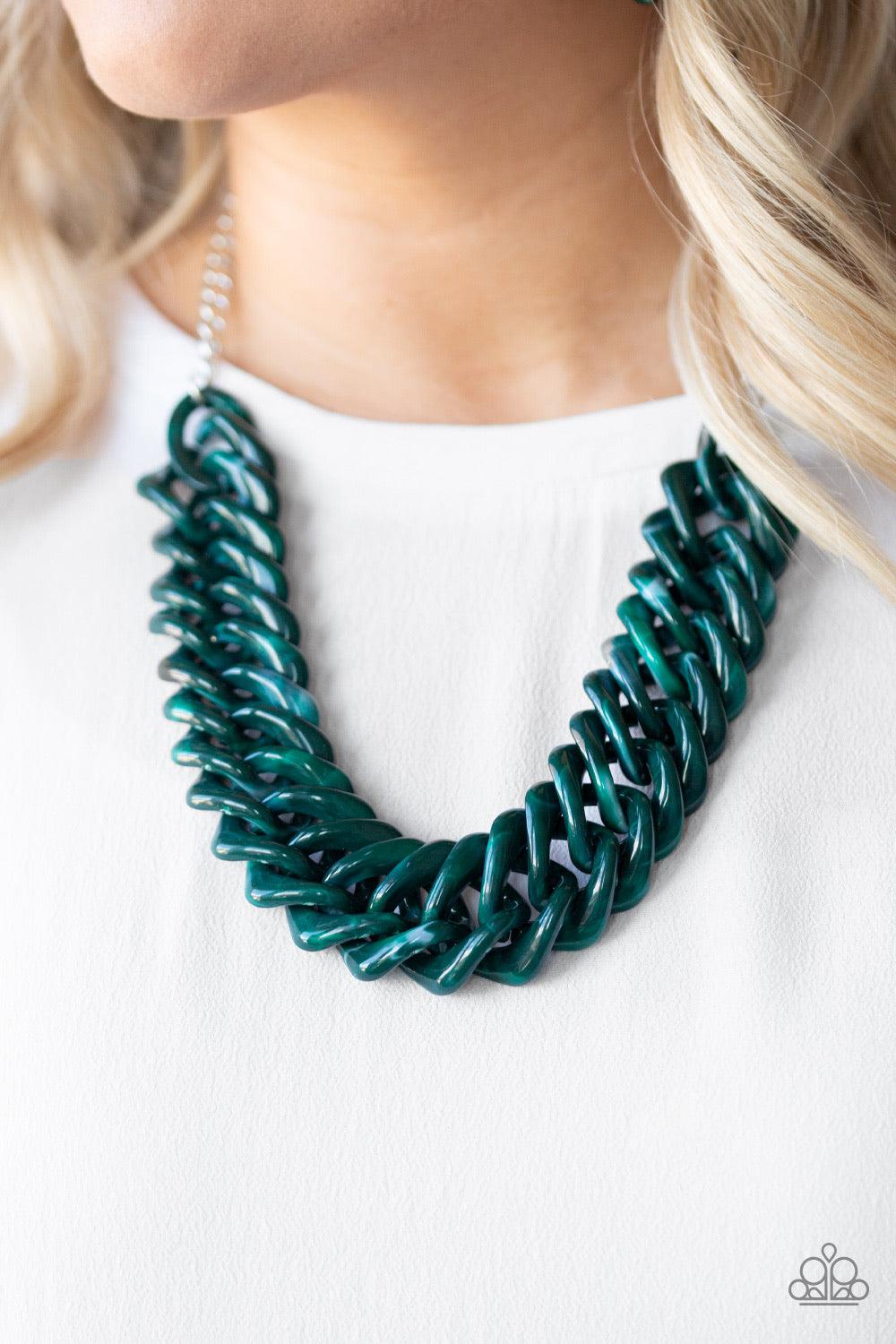 Paparazzi Accessories Comin In HAUTE - Green Brushed in a faux marble finish, square green acrylic links subtlety twist as they link below the collar for a colorful statement-making look. Features an adjustable clasp closure. Jewelry