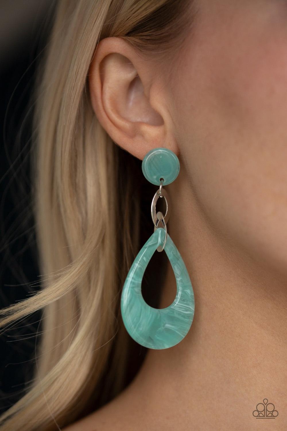 Paparazzi Accessories Beach Oasis - Blue Brushed in a faux marble finish, a blue acrylic teardrop links to a matching acrylic fitting as it swings from the ear for a summery look. Earring attaches to a standard post fitting. Jewelry