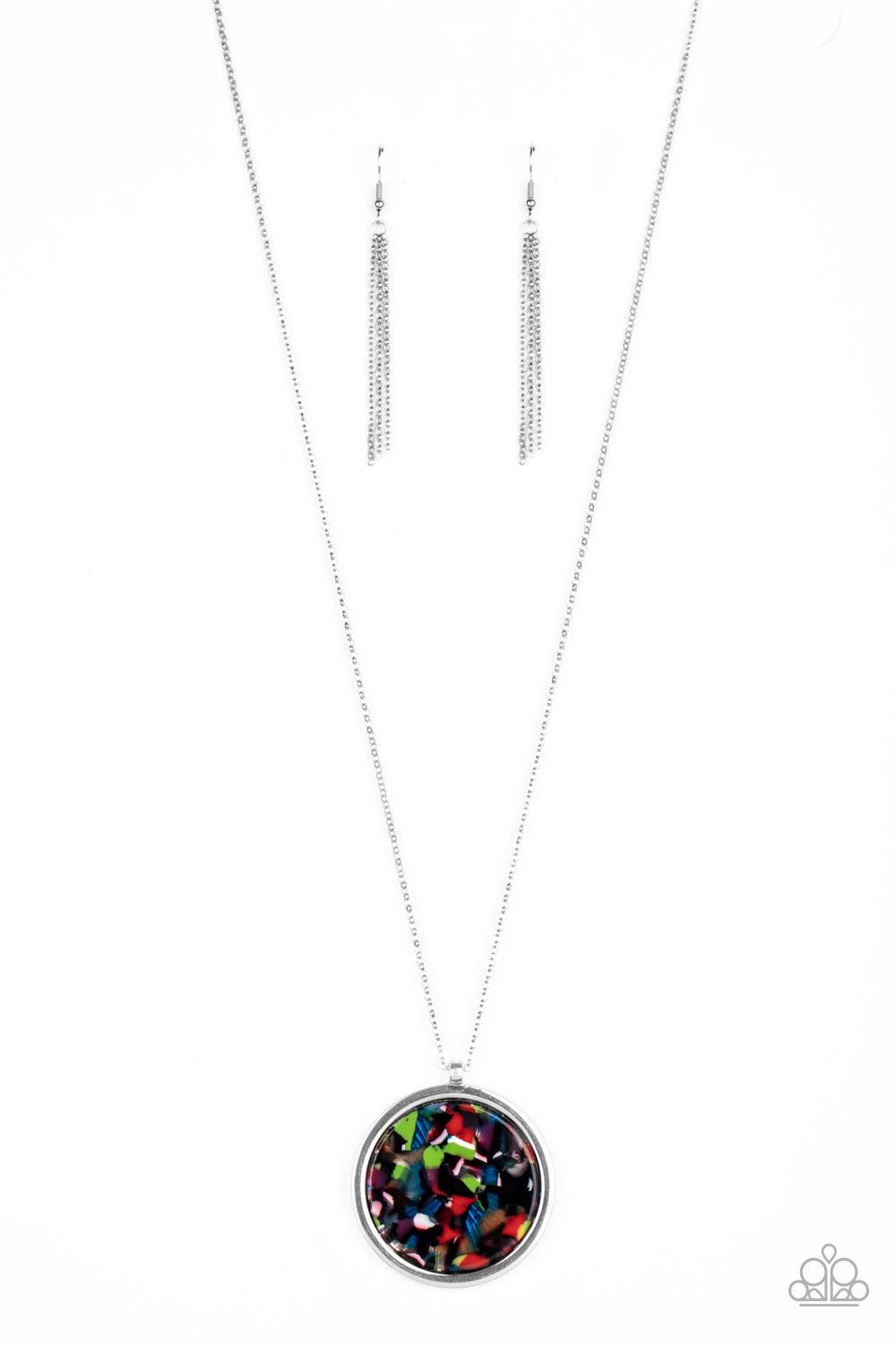 Paparazzi Accessories It’s POP Secret! - Multi Featuring a multicolored tortoise shell pattern, a flat acrylic circle is pressed into a sleek silver ring, creating a colorfully retro pendant at the bottom of a lengthened silver chain. Features an adjustab