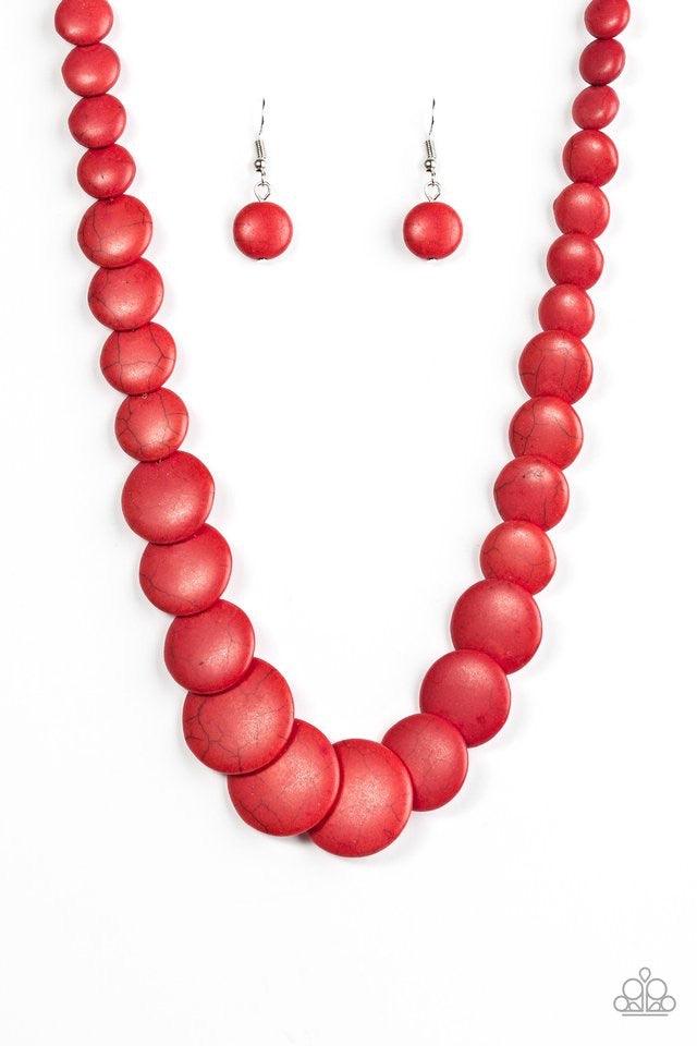 Paparazzi Accessories Desert Flats - Red Gradually increasing in size, smooth, flat red stones subtly overlap as they stack below the collar for a refreshing artisanal look. Features an adjustable clasp closure. Jewelry