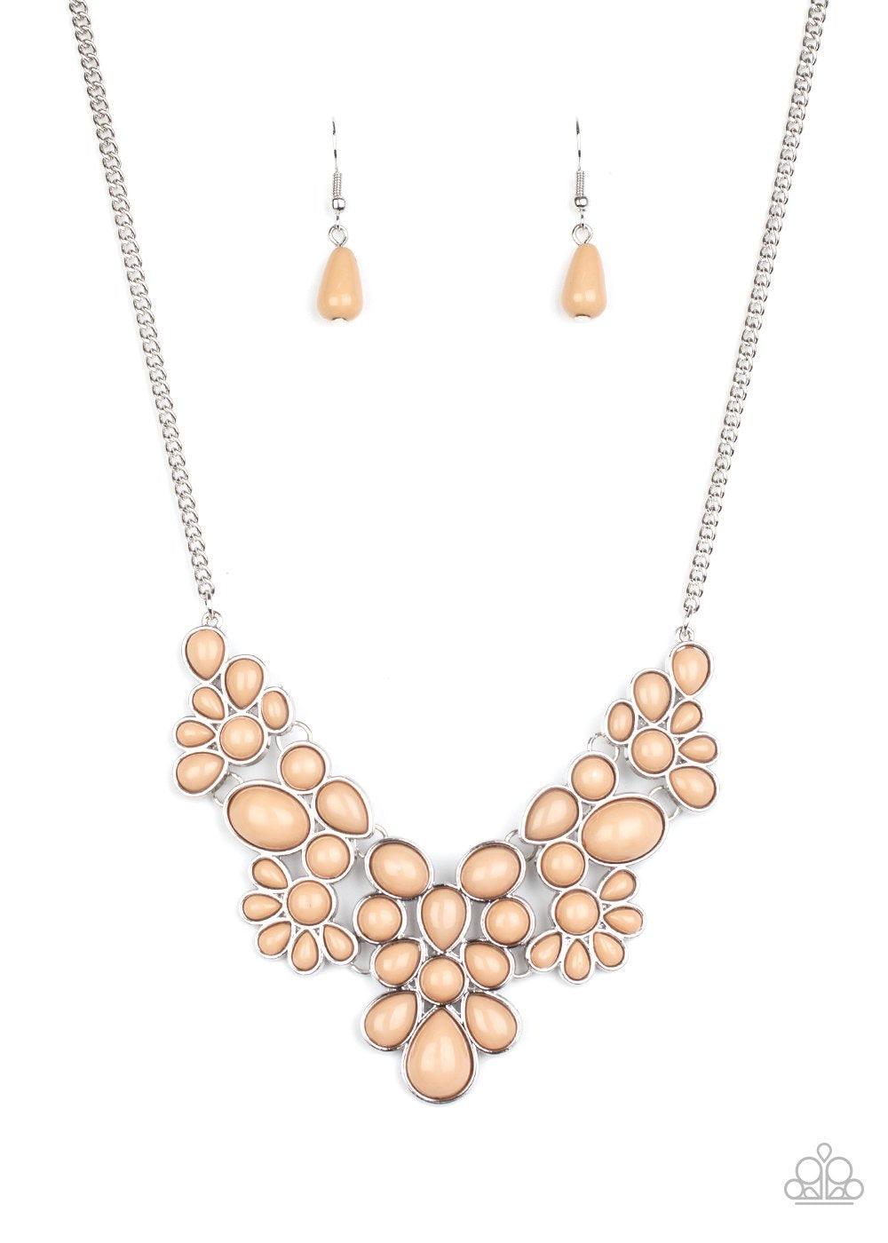 Paparazzi Accessories Bohemian Banquet - Brown Featuring round, teardrop, and oval shapes, a shiny collection of dainty Lark beads delicately link into bubbly silver frames, creating a whimsical pop of color below the collar. Features an adjustable clasp