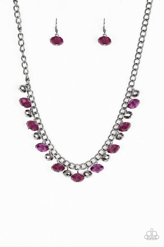 Paparazzi Accessories Runway Rebel - Purple Featuring cloudy and glassy finishes, faceted purple crystal-like beads swing from the bottom of a glistening gunmetal chain. Faceted gunmetal beads join the purple beading, creating a flirtatious fringe below t