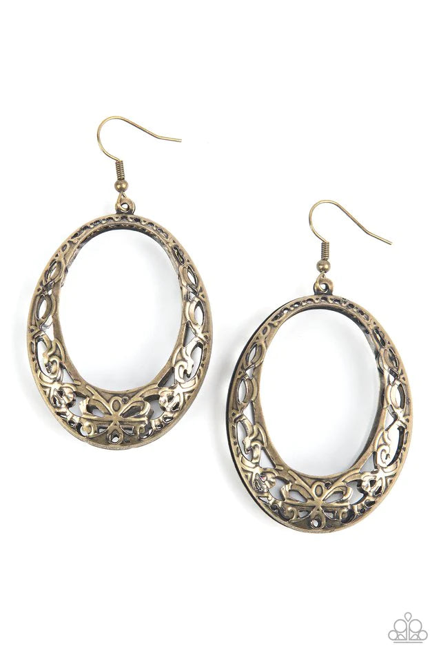 Paparazzi Accessories Gardenia Grandeur - Brass Brushed in an antiqued shimmer, brass floral filigree delicately curves into whimsical frames that delicately connect into a 3 dimensional oval lure for a seasonal fashion. Earring attaches to a standard fis