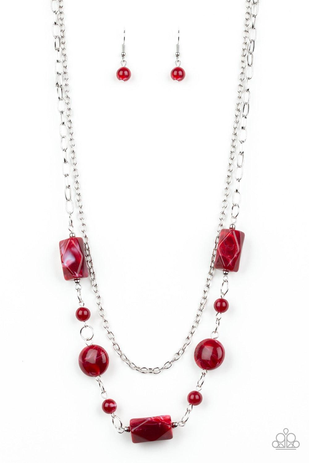 Paparazzi Accessories Colorfully Cosmopolitan - Red Infused with a plain silver chain, a collection of round and faceted red acrylic beads link below the collar for a whimsically colorful finish. Features an adjustable clasp closure. Jewelry