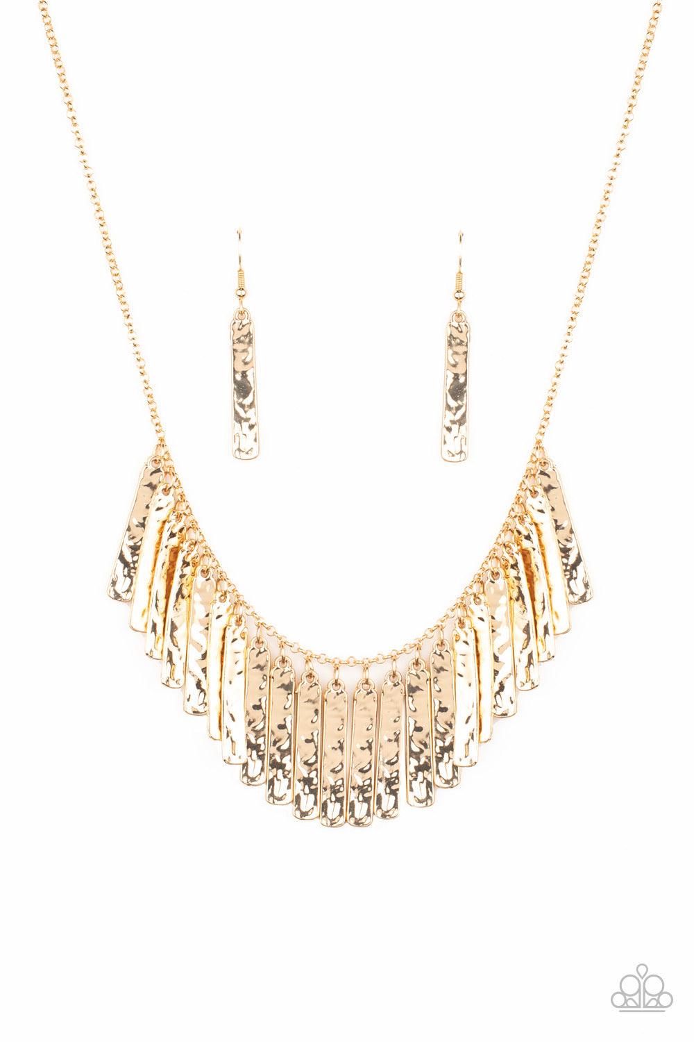Paparazzi Accessories Metallic Muse - Gold Hammered in blinding detail, golden rectangular plates swing from the bottom of a classic gold chain, creating an edgy metallic fringe below the collar. Features an adjustable clasp closure. Sold as one individua