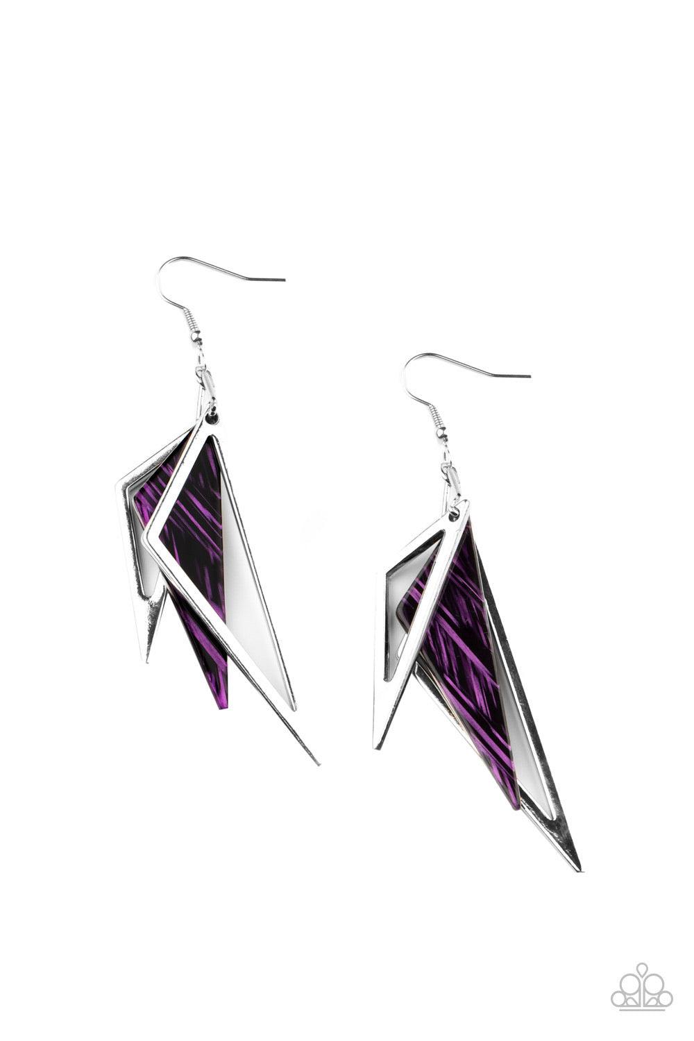 Paparazzi Accessories Evolutionary Edge - Purple Streaked in iridescent stripes, a triangular purple acrylic frame joins two shimmery silver triangular frames, creating a colorfully edgy lure. Earring attaches to a standard fishhook fitting. Sold as one p