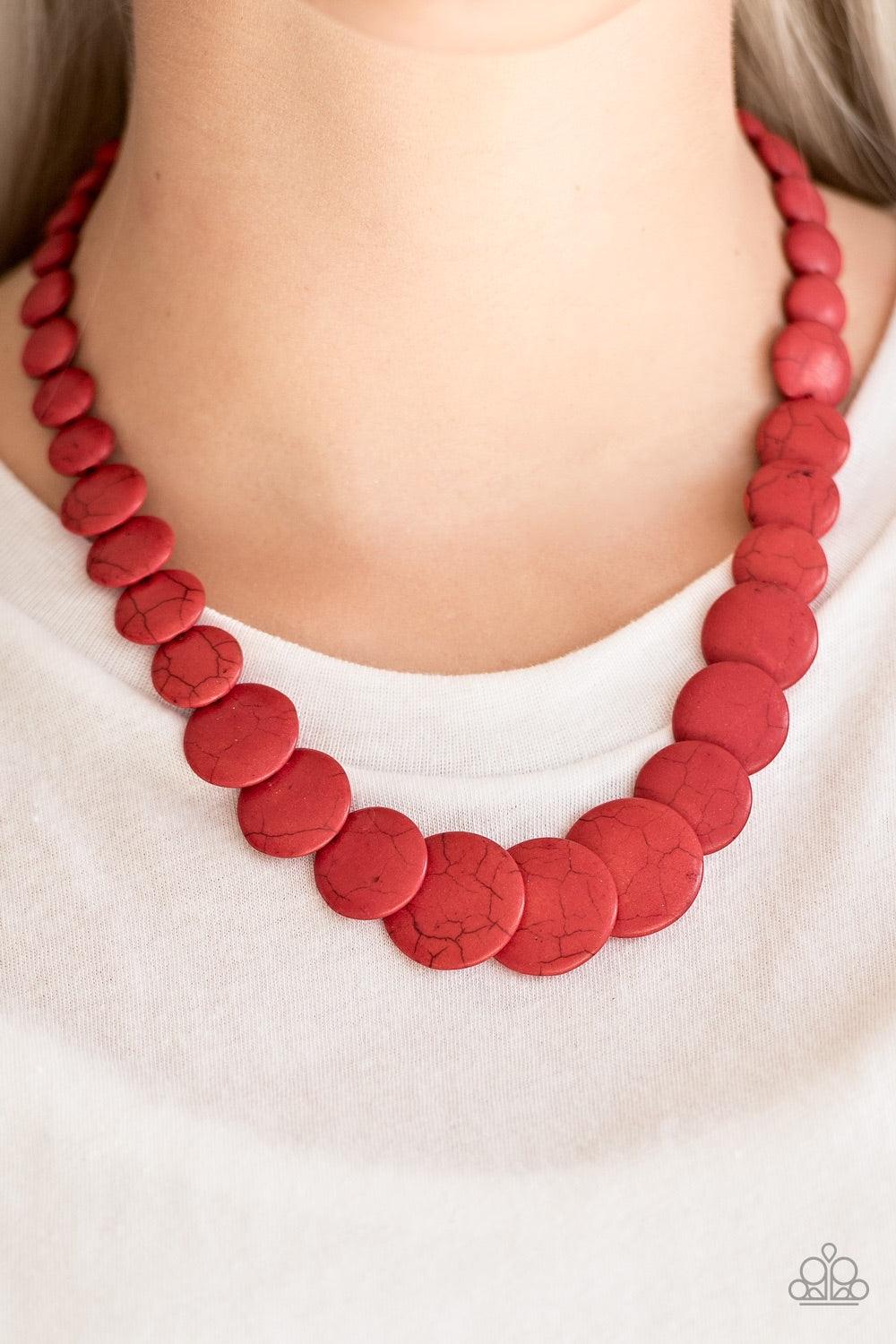 Paparazzi Accessories Desert Flats - Red Gradually increasing in size, smooth, flat red stones subtly overlap as they stack below the collar for a refreshing artisanal look. Features an adjustable clasp closure. Jewelry
