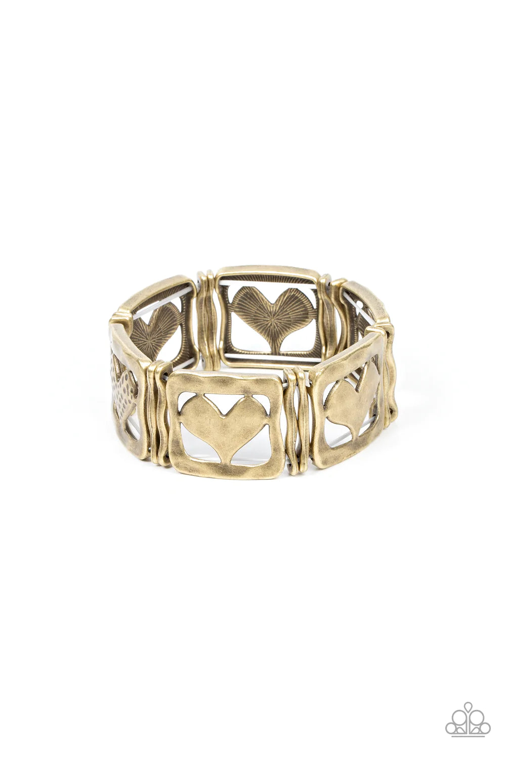 Paparazzi Accessories Legendary Lovers - Brass Encased in hammered brass frames, hammered brass hearts and brass hearts featuring a hammered dotted motif join pairs of wavy brass frames along stretchy bands around the wrist for a romantic flair. Sold as o
