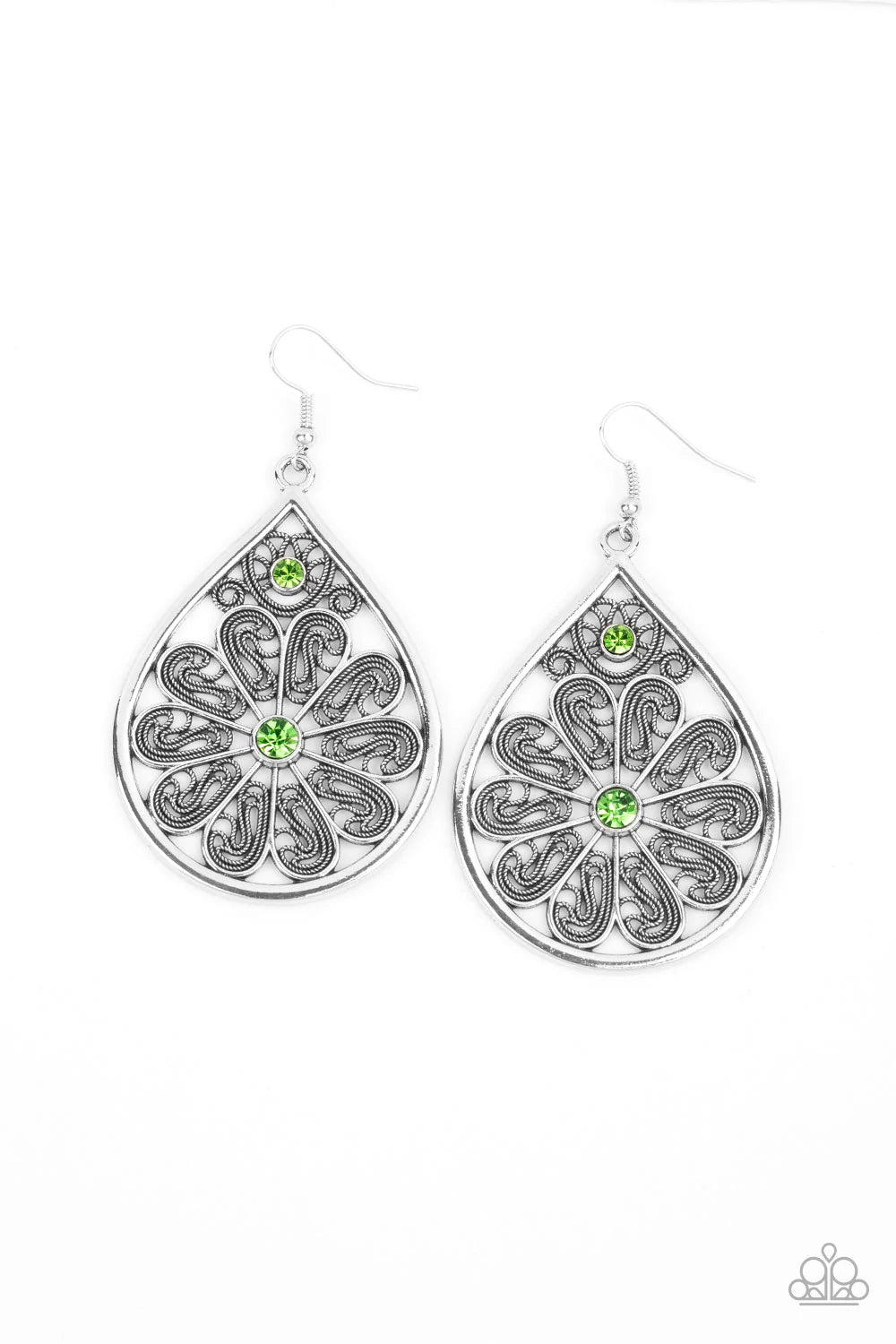 Paparazzi Accessories Whimsy Dreams - Green Dotted with two green rhinestones, antiqued silver filigree swirls into a flowery teardrop frame for a whimsical look. Earring attaches to a standard fishhook fitting. Sold as one pair of earrings. Earrings