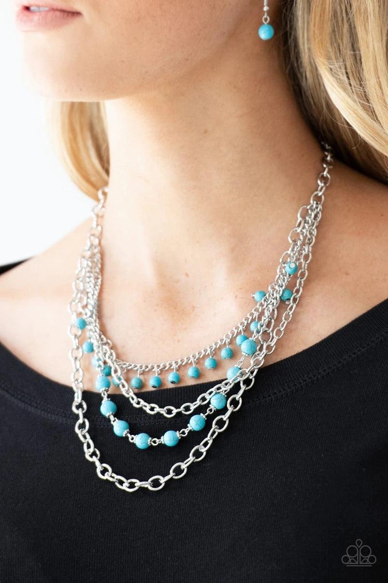 Paparazzi Accessories Ground Forces - Blue Featuring refreshing turquoise stone accents, mismatched silver chains layer below the collar for a seasonal look. Features an adjustable clasp closure. Sold as one individual necklace. Includes one pair of match