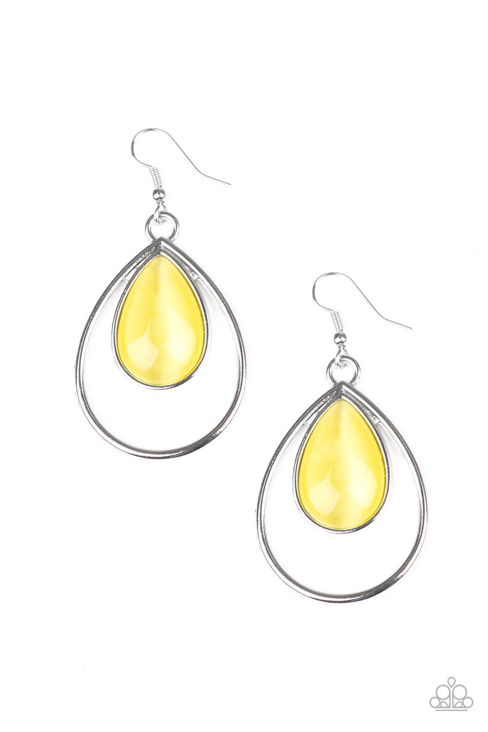 Paparazzi Accessories Cool Me Cool - Yellow A dewy yellow cat's eye teardrop stone drips from the top of a shiny silver teardrop frame, creating a whimsical lure. Earring attaches to a standard fishhook fitting. Jewelry