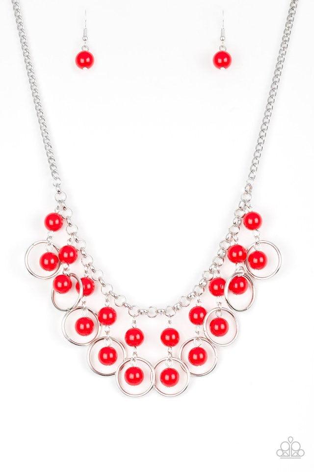 Paparazzi Accessories Really Rococo - Red Polished red beads and shimmery silver hoops drip from the bottom of a glistening silver chain, creating a playful fringe below the collar. Features an adjustable clasp closure. Jewelry