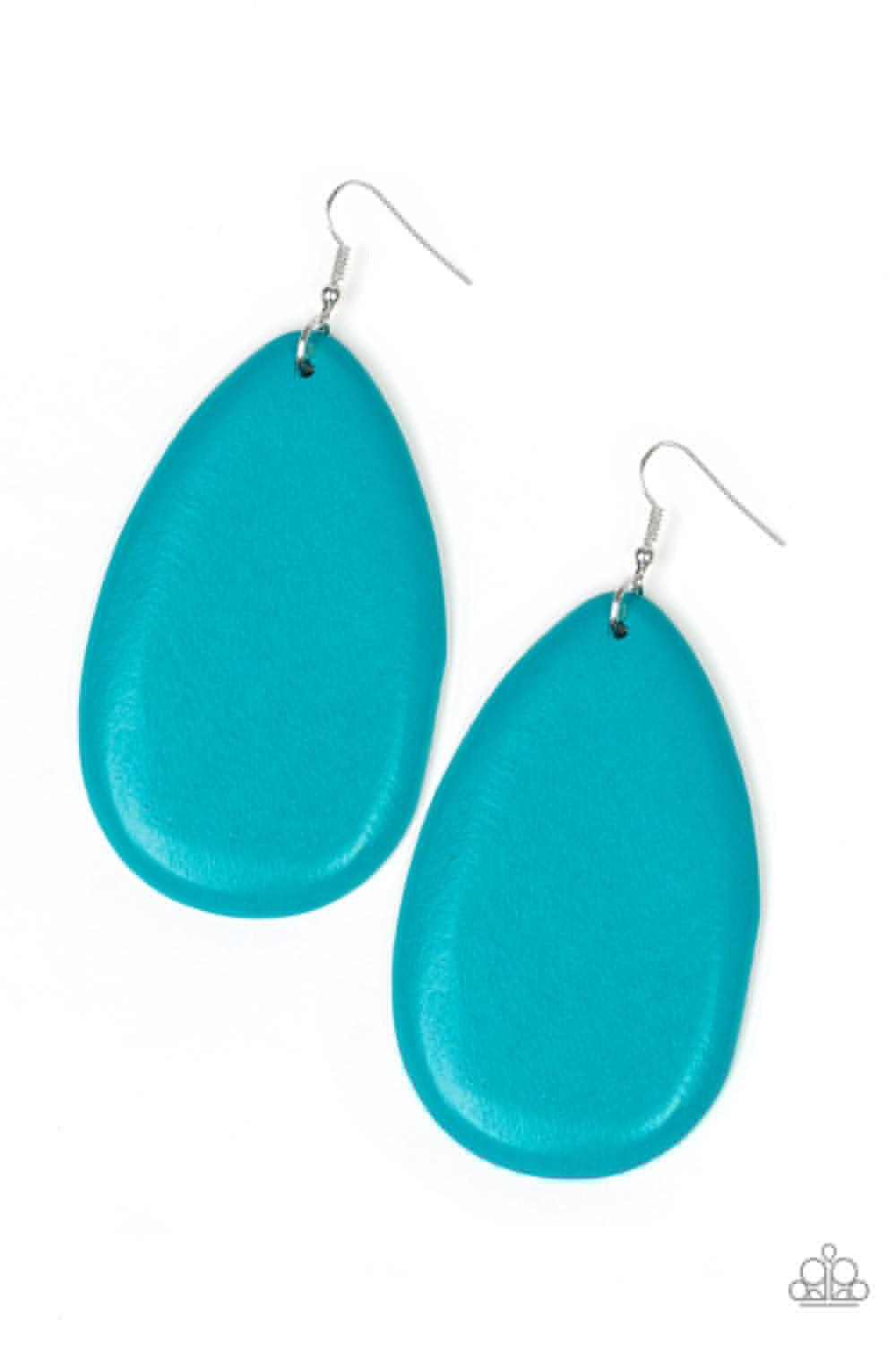 Paparazzi Accessories Beach Bride - Blue Brushed in a shiny finish, a vibrant teal wooden teardrop frame swings from the ear for a seasonal flair. Earring attaches to a standard fishhook fitting. Jewelry